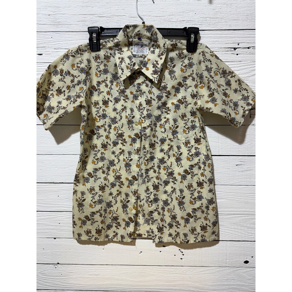 Vintage Sears Perma Boys Floral Button Down Shirt Size 12 Short Sleeve Cream